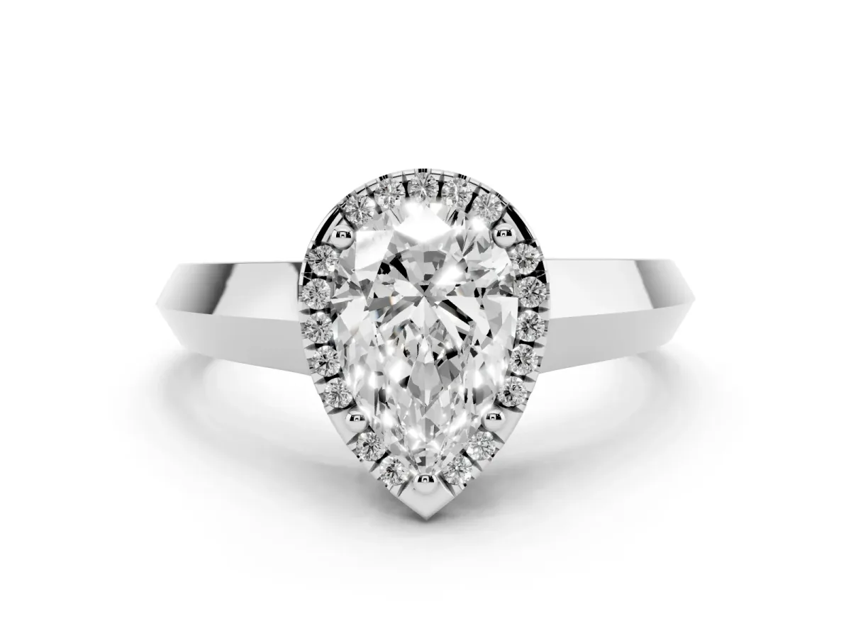 Pear Cut Halo Diamond Ring with Cathedral Band and Four-Prong Setting Silver