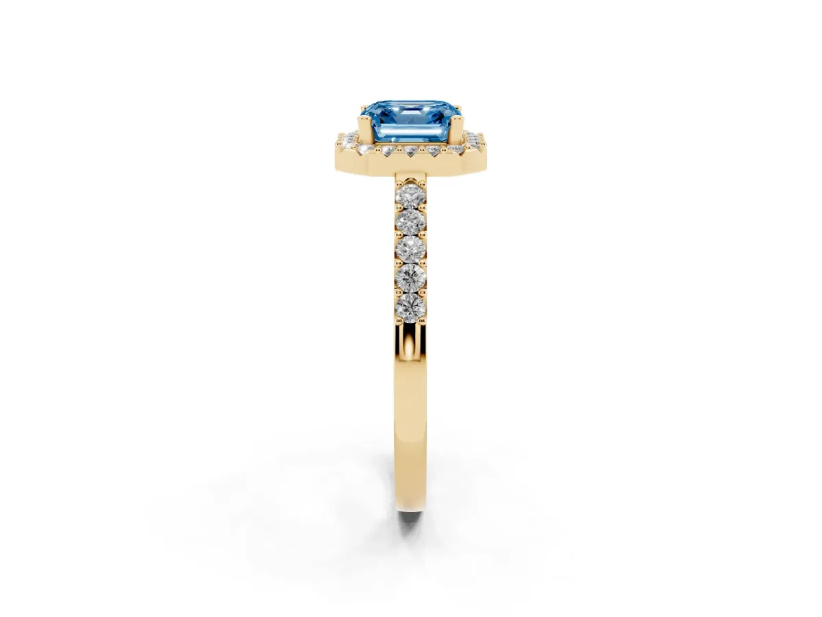 Fancy Blue Asscher Cut Halo Diamond Pavé Solitaire Ring Yellow gold