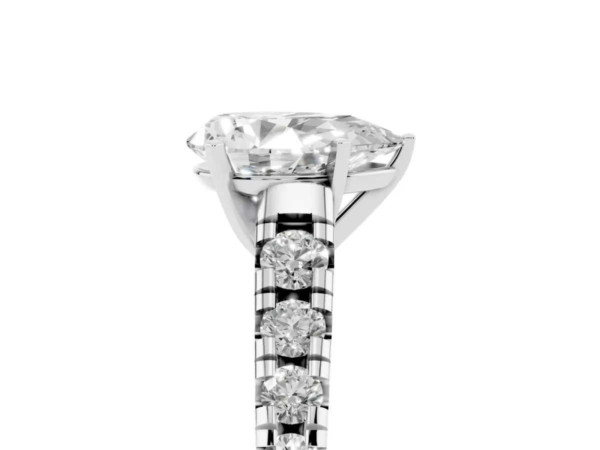 Pear Cut Diamond Cathedral Solitaire Ring with Round Pavé Band Platinum