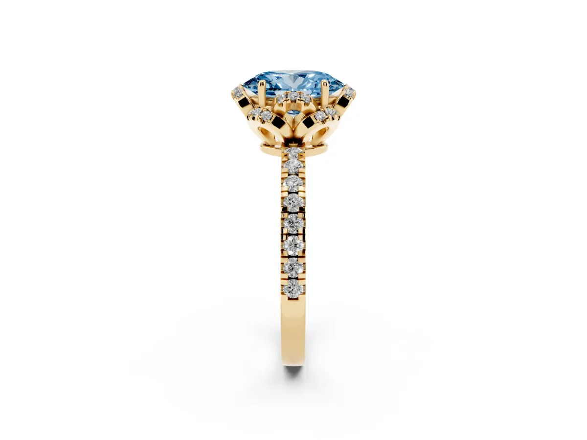 Fancy Blue Oval Cut Diamond Halo Pave Band with Four-Prong Setting Yellow gold