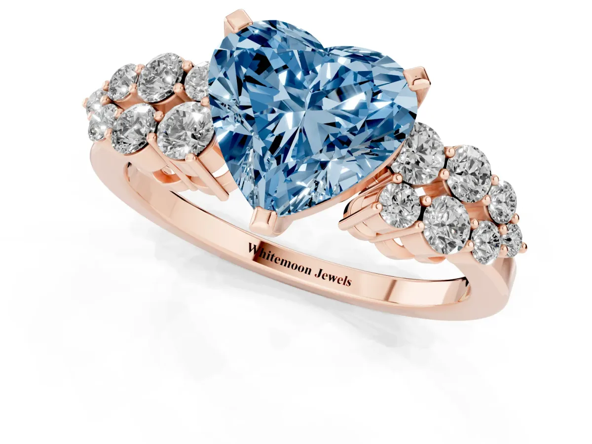 Fancy Blue Heart Cut Cluster Diamond Engagement Ring with Pavé Band and Four-Prong Setting Rose gold