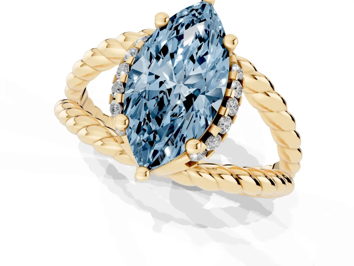 Fancy Blue Marquise Cut Halo Twisted Band Four-Prong Ring Yellow gold