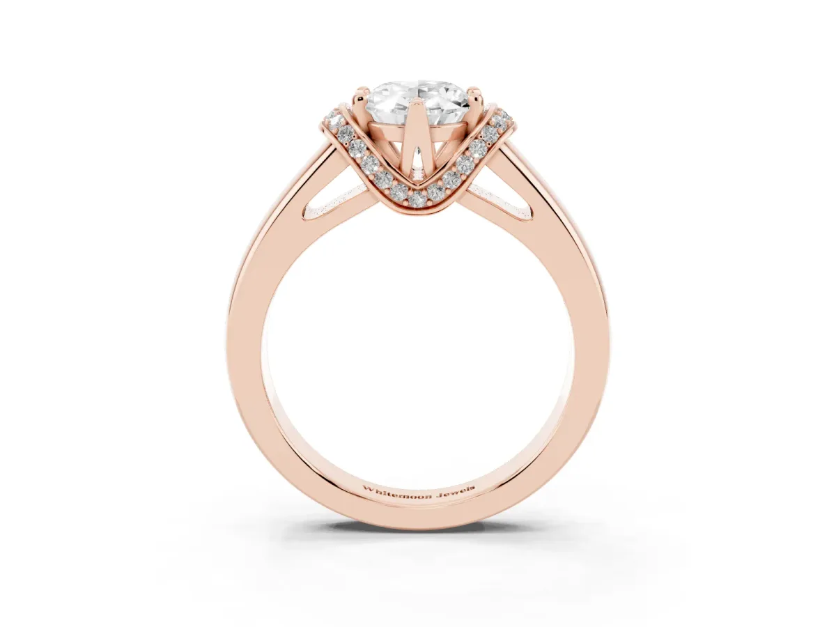 Oval Cut Solitaire Diamond Ring with Pave Band and Six-Prong Setting Rose gold