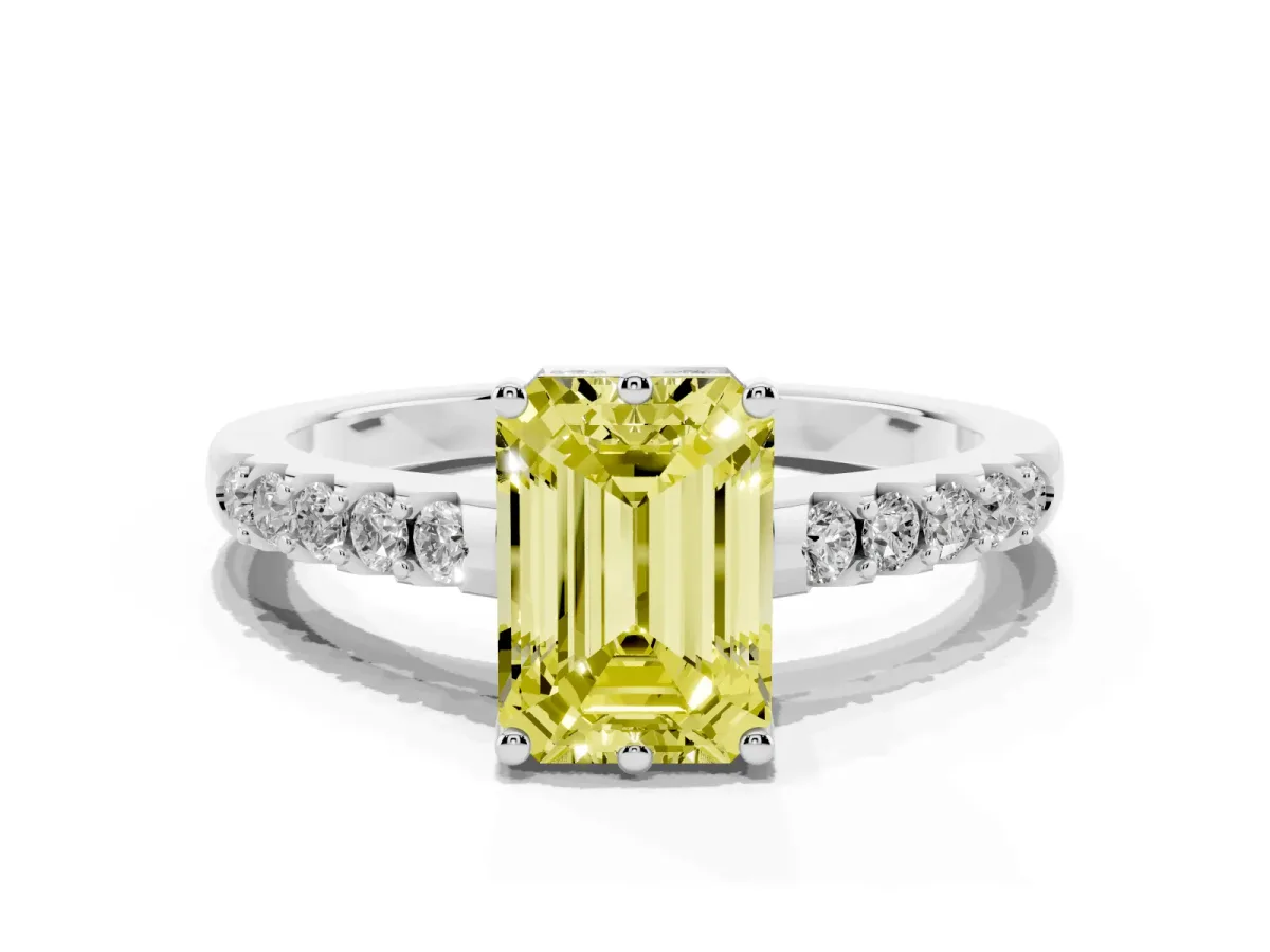 Fancy Yellow Emerald Cut Solitaire Diamond Engagement Ring with Pavé Band and Six-Prong Setting Silver