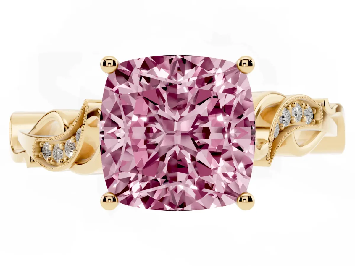 Fancy Pink Cushion Cut Solitaire Vine Band with Milgrain Prong Setting Yellow gold
