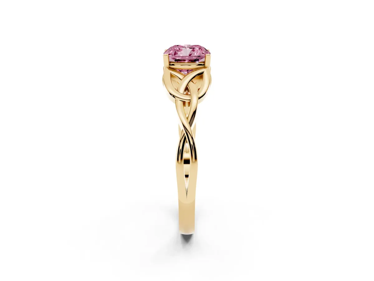 Fancy Pink Cushion Cut Diamond Solitaire Engagement Ring with Celtic Knot Band and Four-Prong Setting Yellow gold