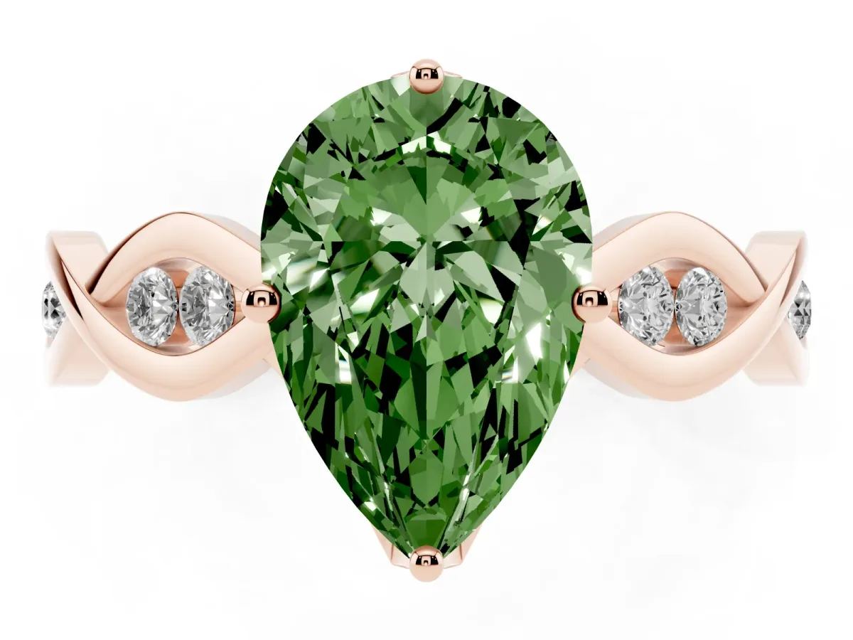 Fancy Green Pear Cut Solitaire Twist Band with Leaf Prong Setting Rose gold
