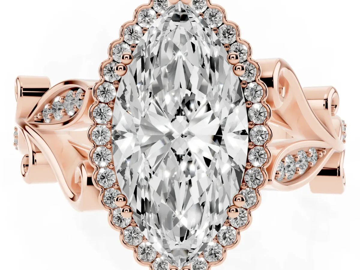 Marquise Cut Diamond Halo Ring with Vintage Split Shank and Four-Prong Setting Rose gold