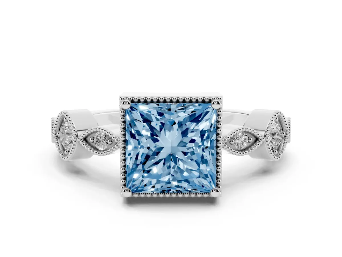 Fancy Blue Princess Cut Diamond Vintage Milgrain Ring with Round Stations Silver