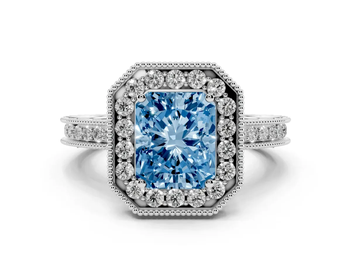Fancy Blue Radiant Cut Diamond Milgrain Halo Engagement Ring with Round Pavé Band and Prong Setting Platinum