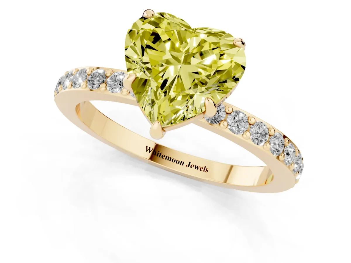 Fancy Yellow Heart Cut Diamond Pavé Engagement Ring with Round Accents and Prong Setting Yellow gold