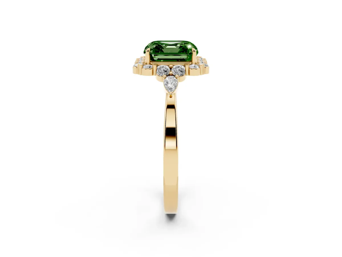 Fancy Green Asscher Cut Diamond Halo Ring with Pear Side Stones and Prong Setting Yellow gold