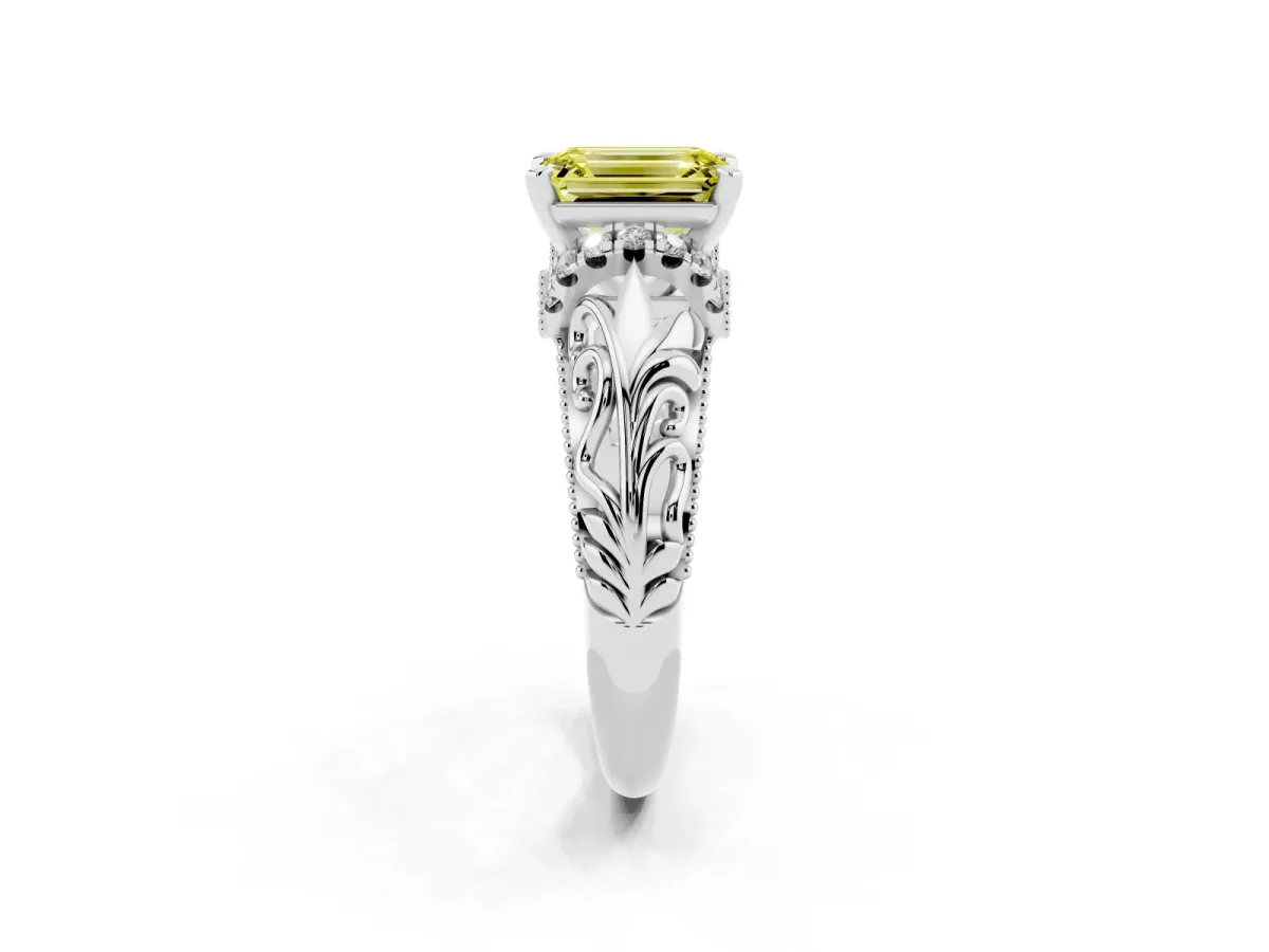 Fancy Yellow Emerald Cut Solitaire Filigree Engagement Ring with Halo and Prong Setting Silver