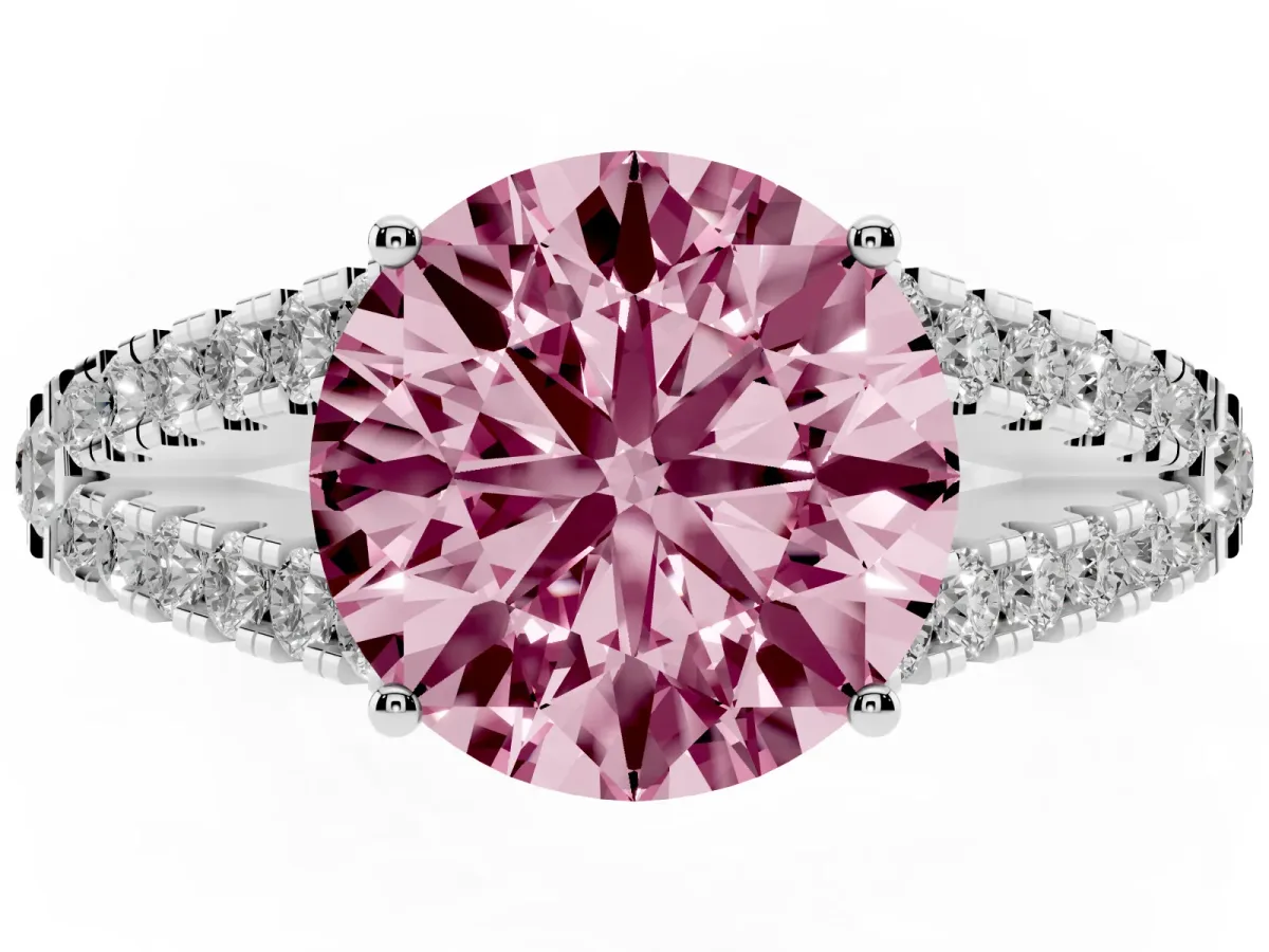 Fancy Pink Round Cut Diamond Split Shank Engagement Ring with Round Pavé and Prong Setting Silver