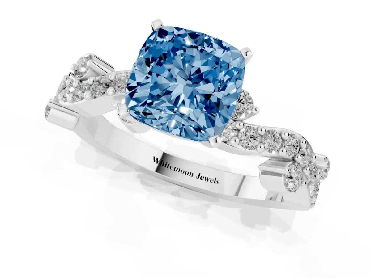 Fancy Blue Cushion Cut Cut Solitaire Diamond Twisted Band with Pave Setting White gold