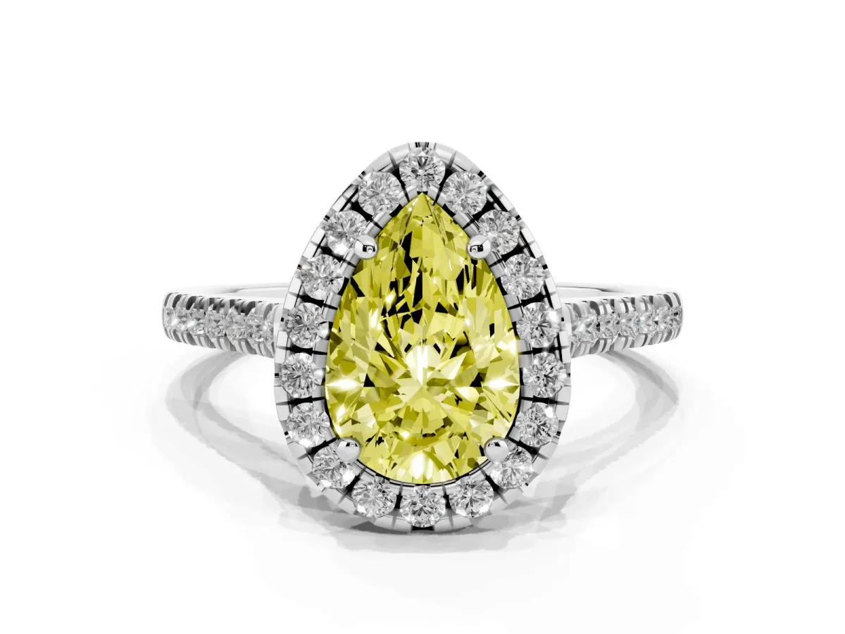 Fancy Yellow Pear Cut Diamond Cushion Halo Ring with Pavé Band Silver