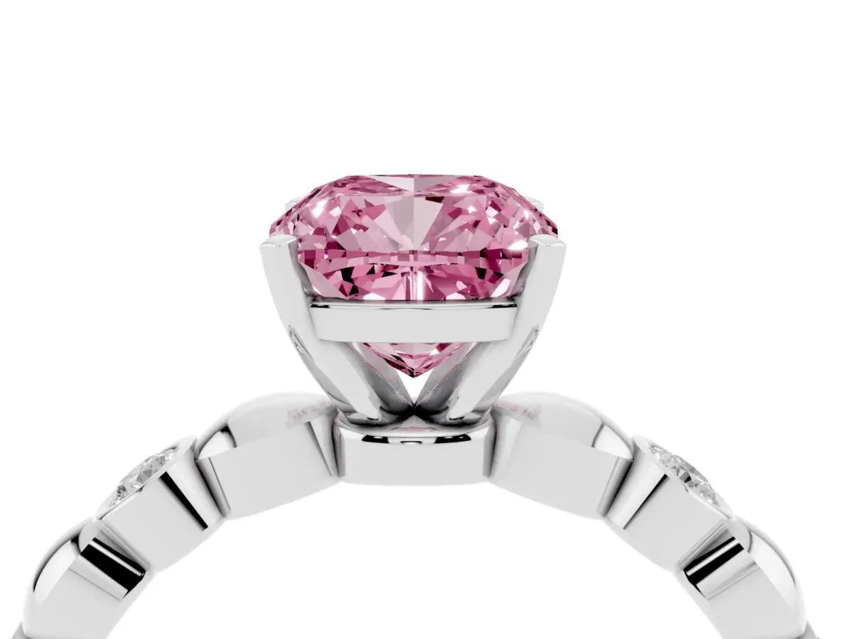 Fancy Pink Cushion Cut Solitaire Bezel-Set Diamond Ring with Beaded Band and Four-Prong Setting Silver