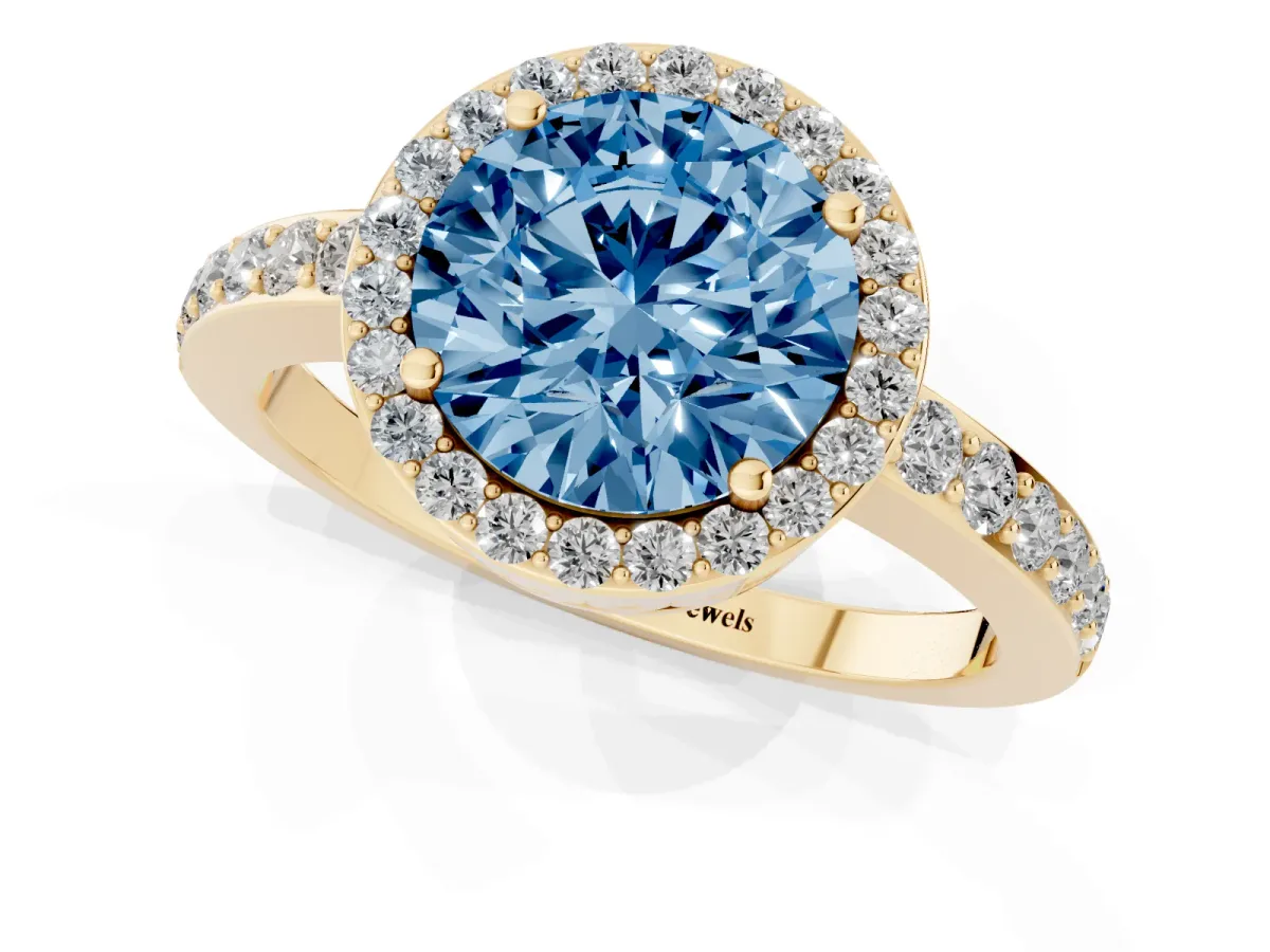 Fancy Blue Round Cut Halo Diamond Pavé Band Ring with Prong Setting Yellow gold