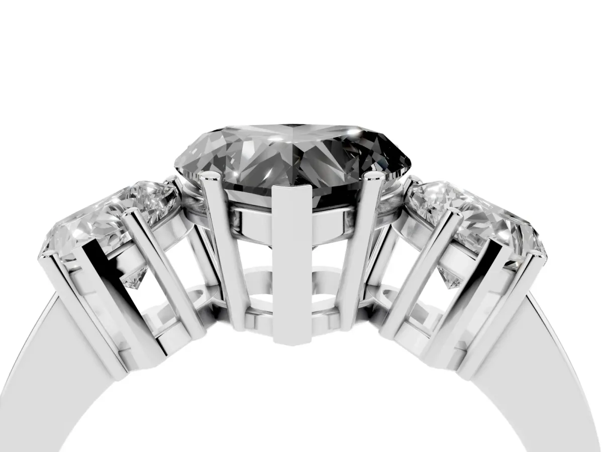 Fancy Black Three-Stone Heart Cut Cut Diamond Engagement Ring with Flat Band and Four-Prong Setting Silver