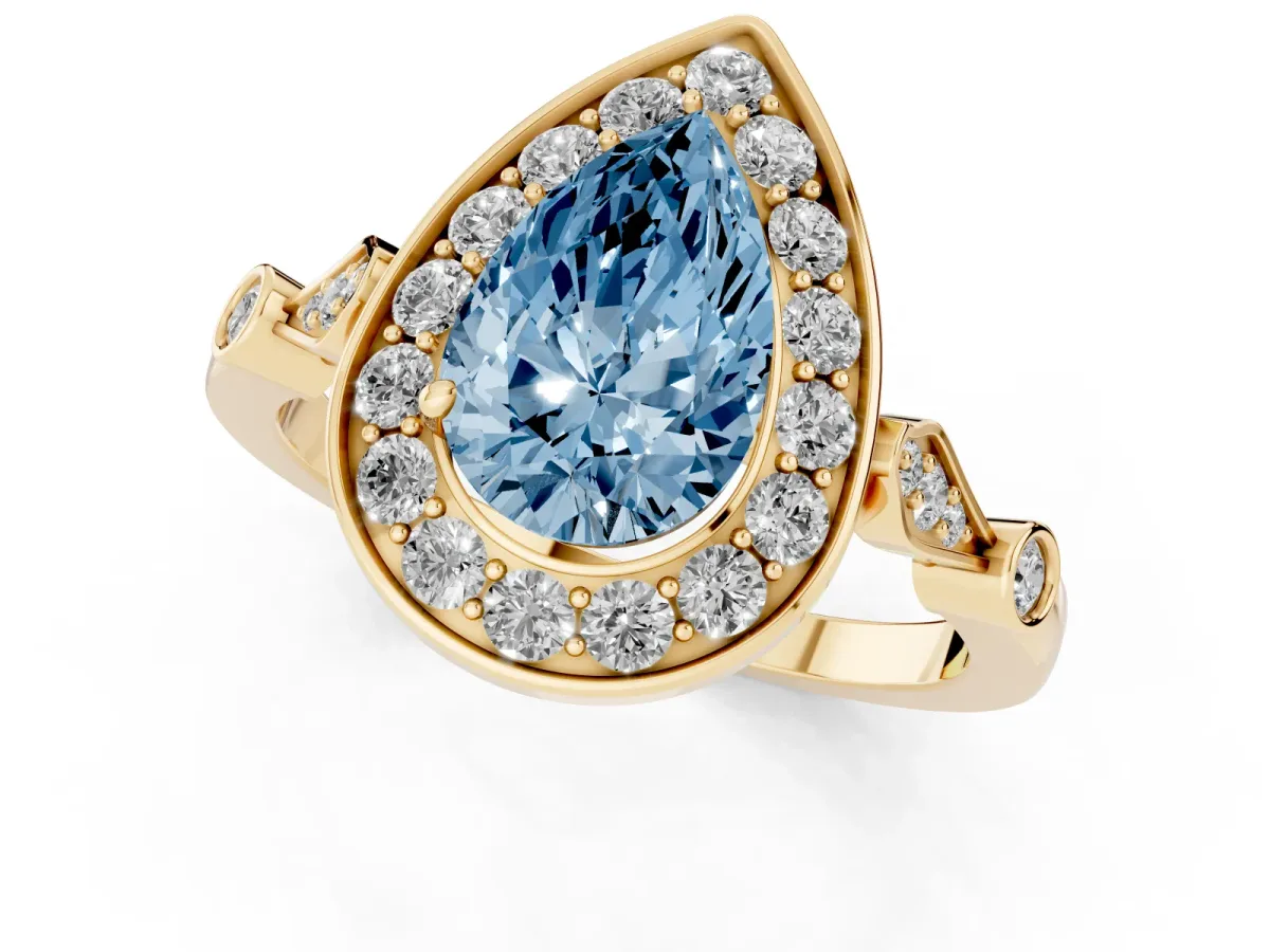 Fancy Blue Pear Cut Halo Diamond Engagement Ring with Twisted Band and Four-Prong Setting Yellow gold
