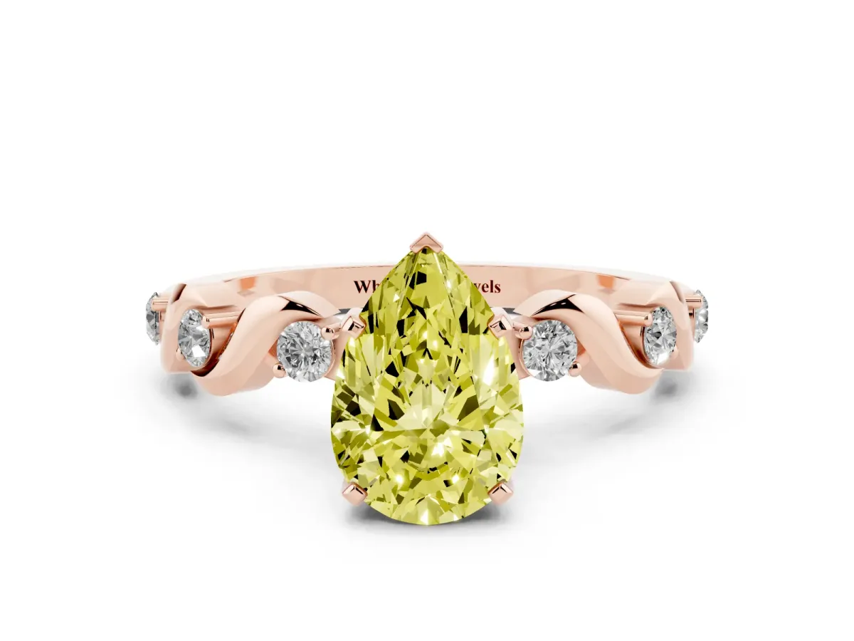 Fancy Yellow Pear Cut Diamond Solitaire Twisted Band with Round Accents and Prong Setting Rose gold