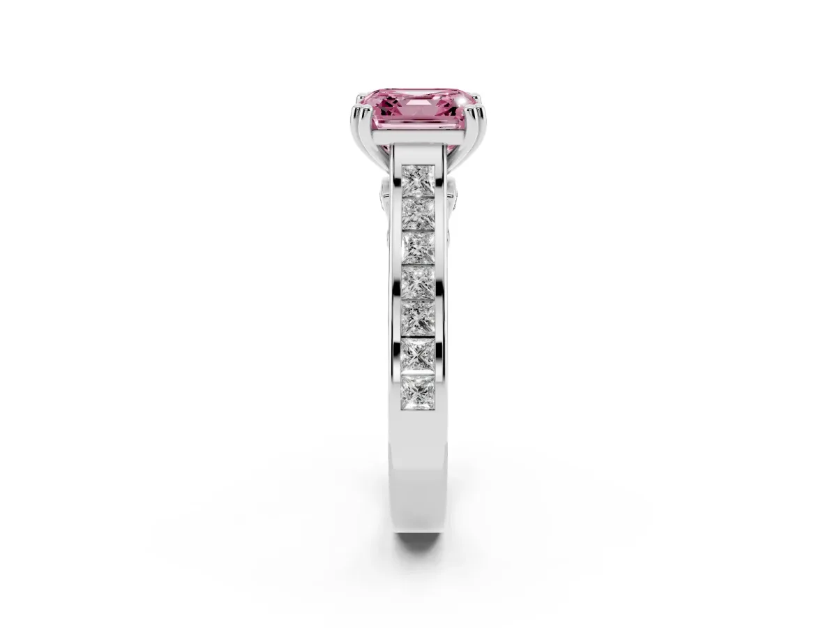 Fancy Pink Asscher Cut Cut Channel Set Solitaire Engagement Ring with Prong Setting Silver