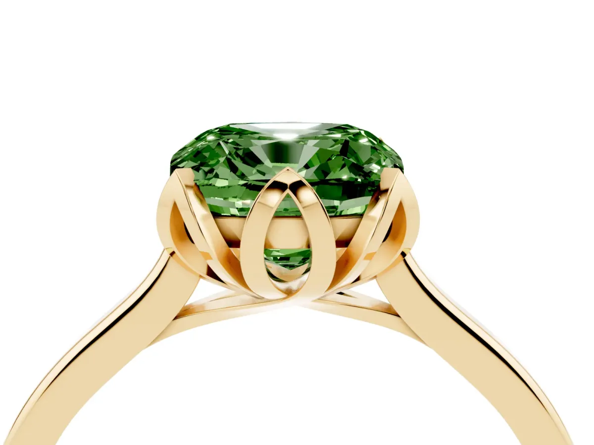 Fancy Green Cushion Cut Diamond Solitaire Ring with Flower Prong Setting and Classic Band Yellow gold