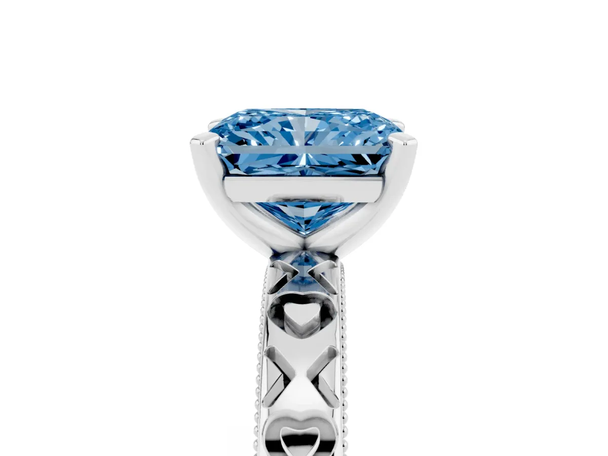 Fancy Blue Radiant Cut Solitaire Diamond Engagement Ring with XO Engraved Band and Four-Prong Setting Silver