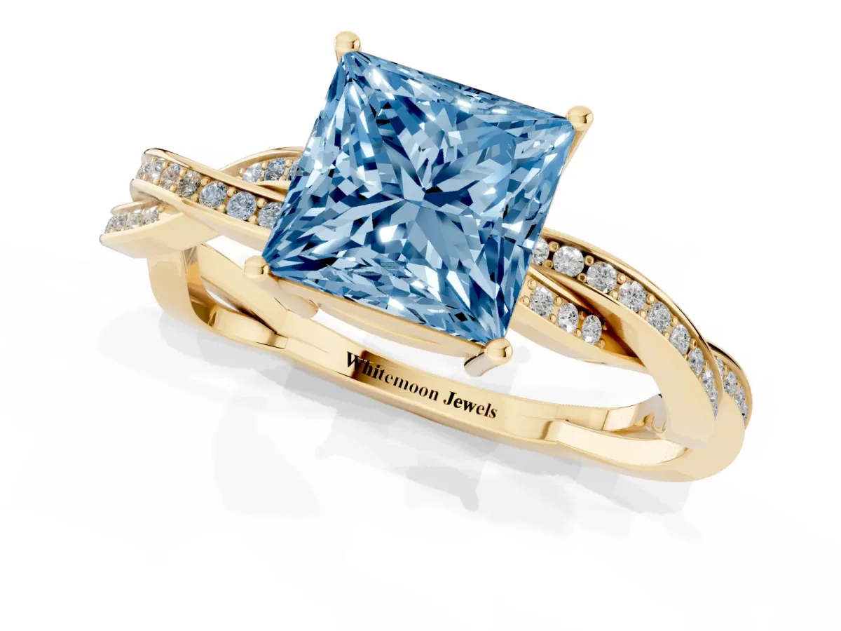 Fancy Blue Princess Cut Solitaire Twisted Pave Diamond Ring with Four-Prong Setting Yellow gold