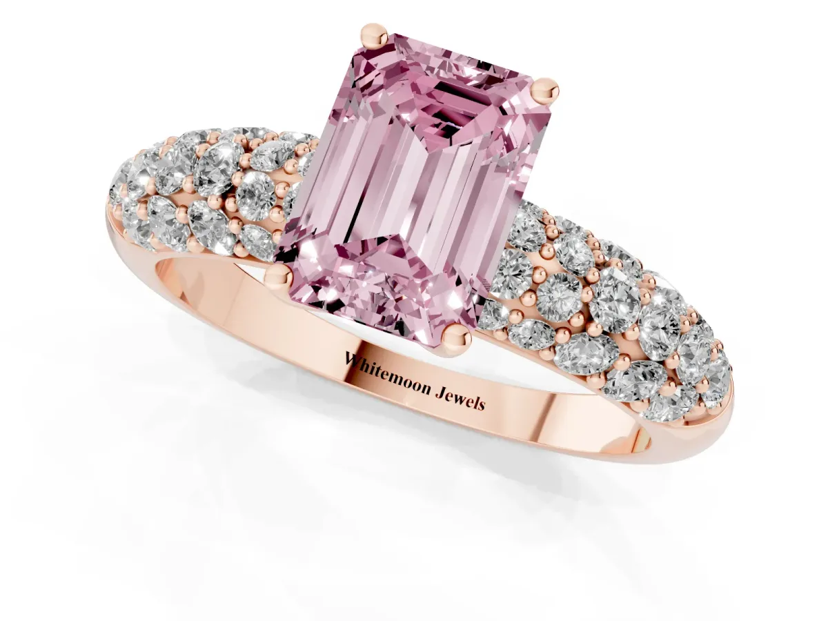 Fancy Pink Emerald Cut Diamond Pavé Band Solitaire Ring with Four-Prong Setting Rose gold