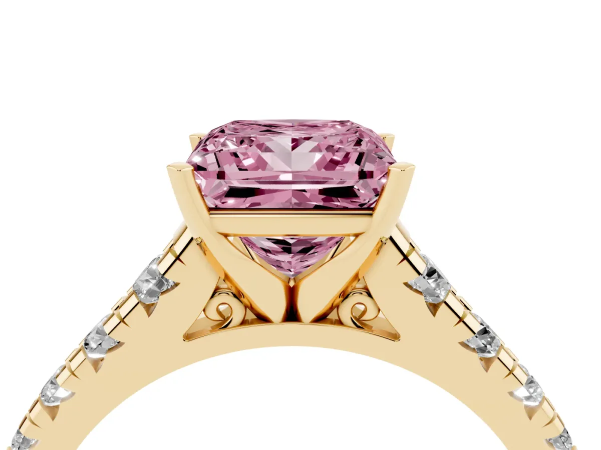 Fancy Pink Princess Cut Diamond Cathedral Solitaire Ring with Round Pavé Band Yellow gold