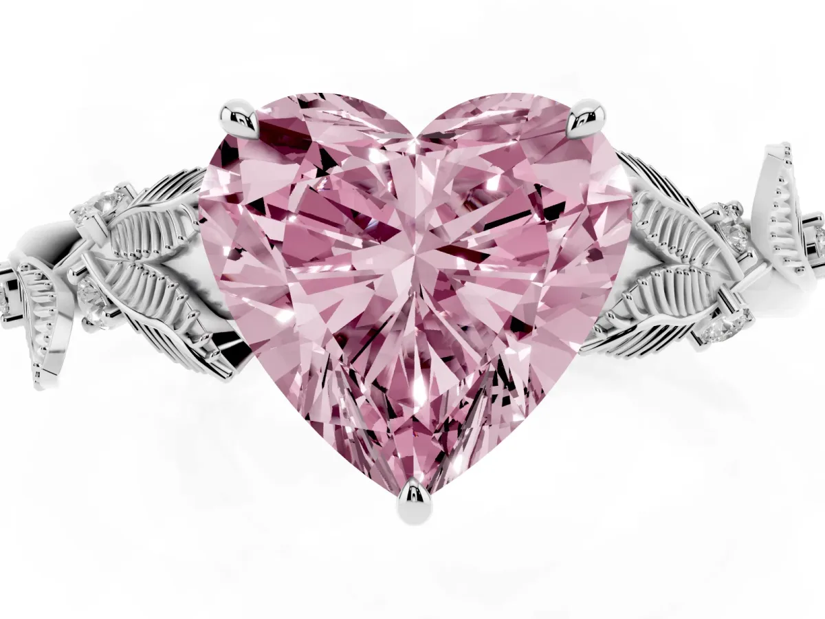 Fancy Pink Heart Cut Diamond Solitaire Ring with Leaf Motif Band and Four-Prong Setting Silver
