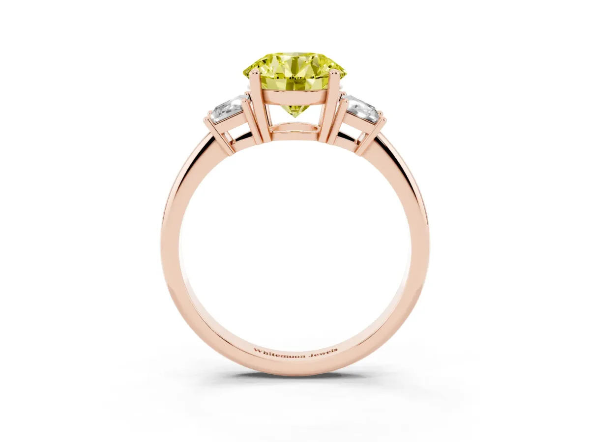 Fancy Yellow Round Cut Diamond Three-Stone Ring with Trapezoid Side Stones and Prong Setting Rose gold