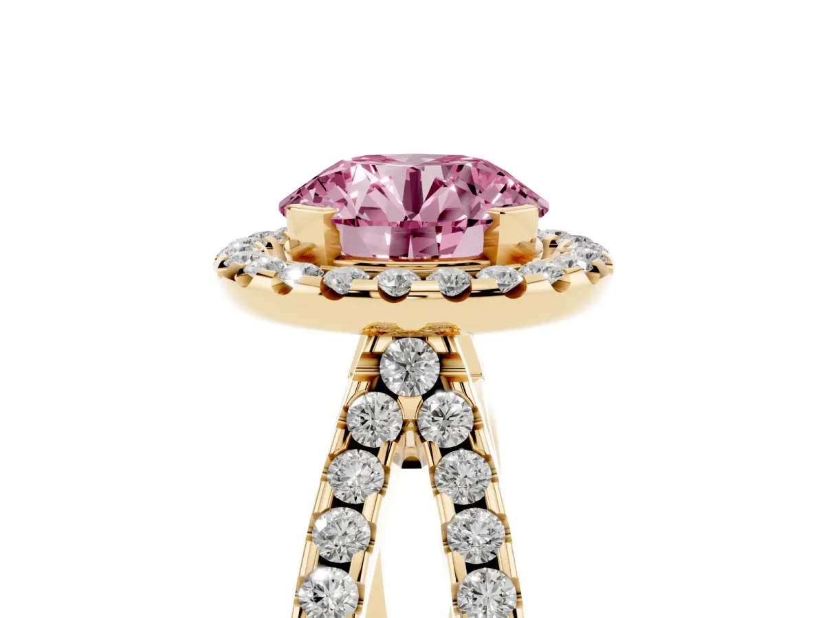 Fancy Pink Round Cut Diamond Halo Ring with Split Shank Pavé Band and Prong Setting Yellow gold
