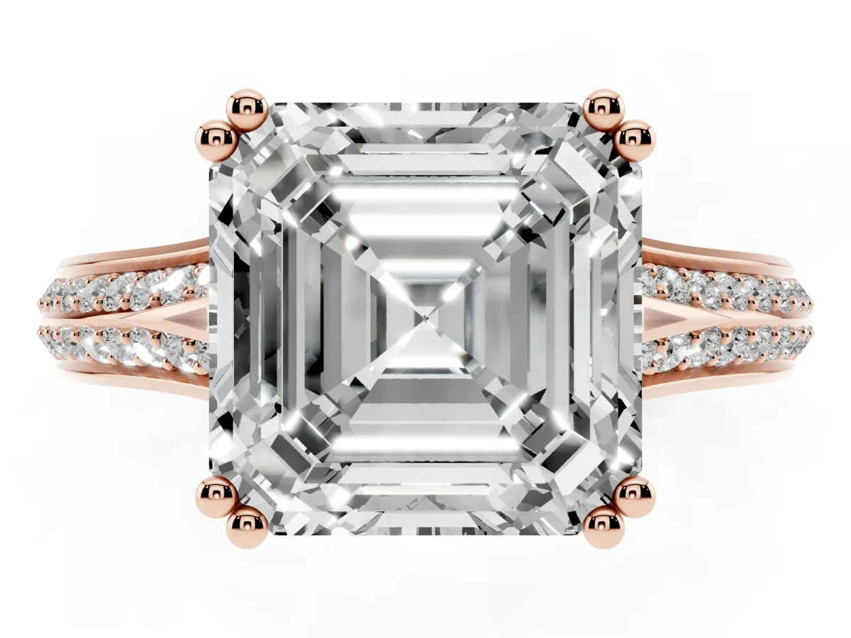 Asscher Cut Diamond Split Shank Engagement Ring with Pavé Band Rose gold