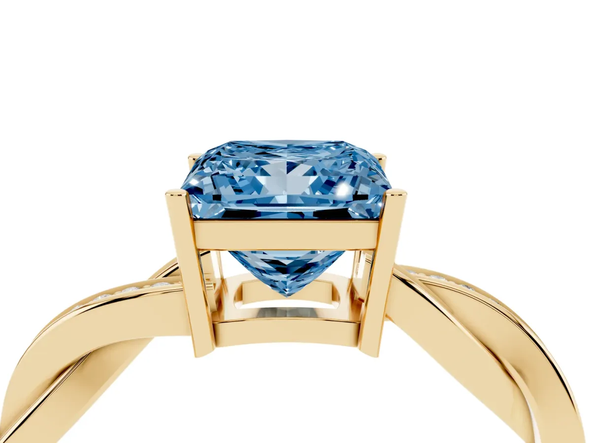 Fancy Blue Princess Cut Solitaire Twisted Pave Diamond Ring with Four-Prong Setting Yellow gold