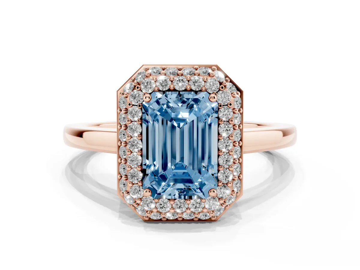 Fancy Blue Emerald Cut Halo Diamond Engagement Ring with Solitaire Band and Four-Prong Setting Rose gold