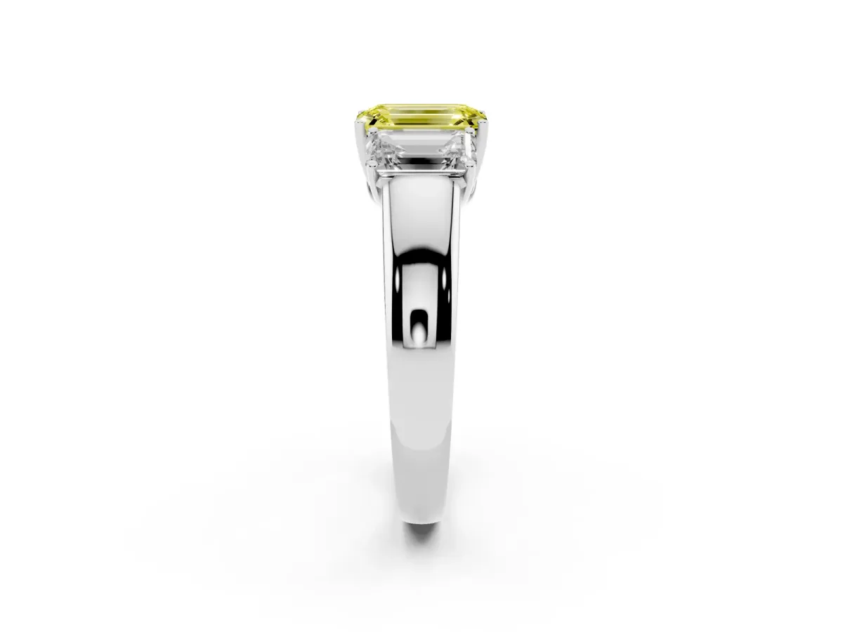 Fancy Yellow Three-Stone Emerald Cut Cut Diamond Ring with Prong Setting and Classic Band Platinum