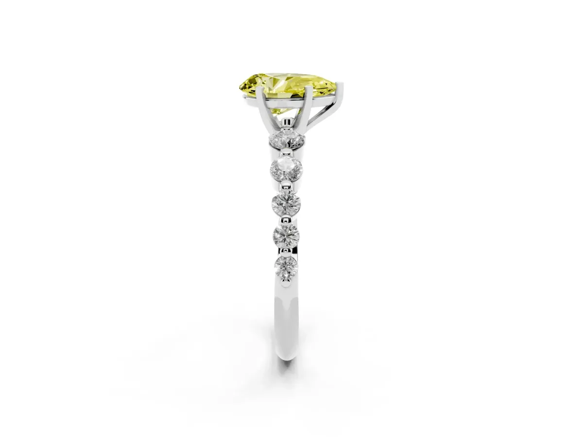 Fancy Yellow Pear Cut Solitaire Diamond Ring with Pave Band and Four-Prong Setting Silver