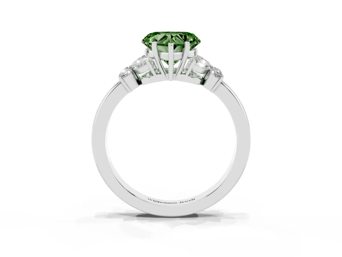 Fancy Green Heart Cut Cut Solitaire Floral Diamond Ring with Four-Prong Setting Silver