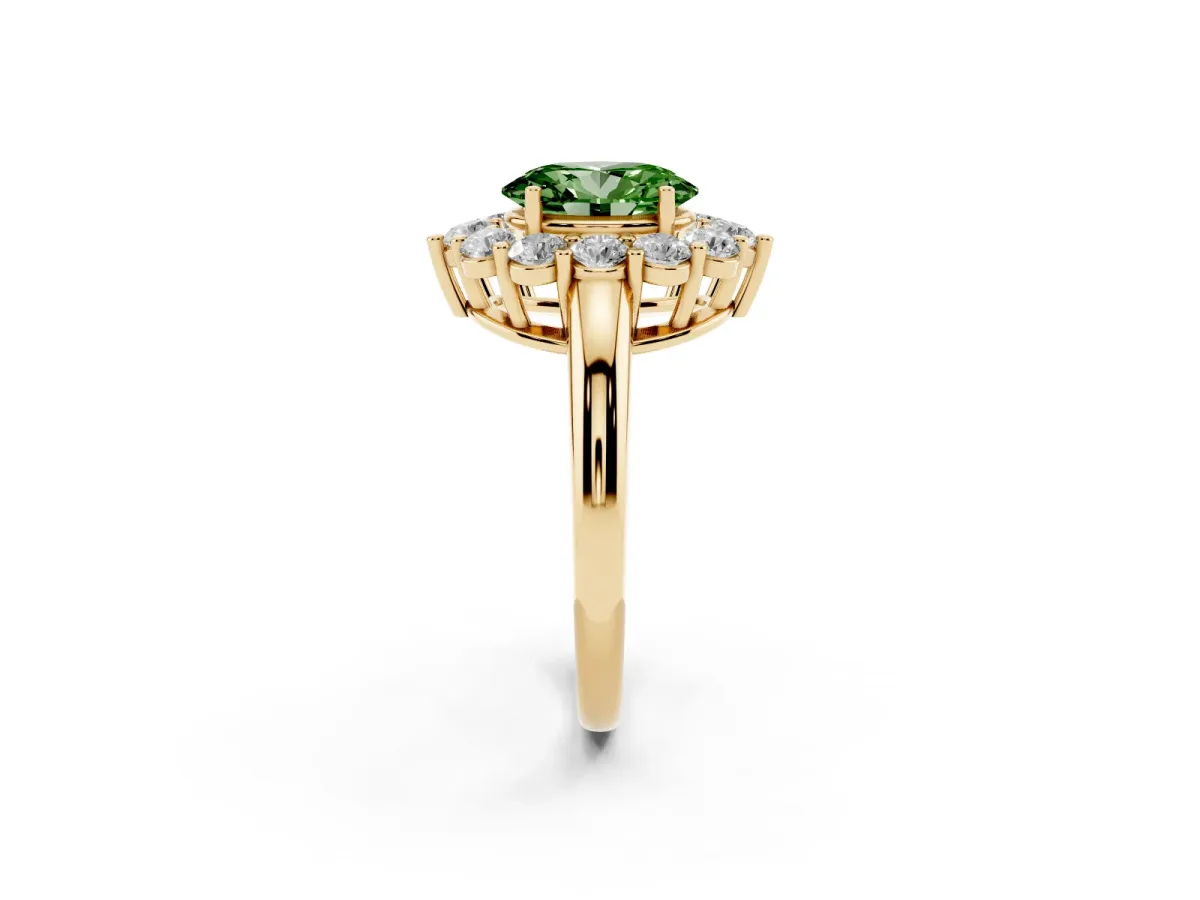 Fancy Green Oval Cut Halo Cluster Diamond Engagement Ring with Prong Setting and Polished Band Yellow gold