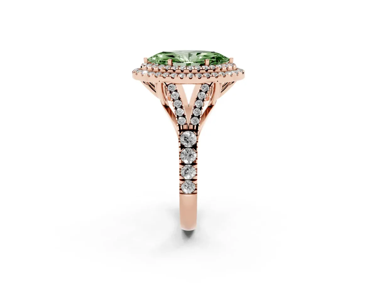 Fancy Green Marquise Cut Cut Double Halo Split Shank Diamond Ring with Prong Setting Rose gold
