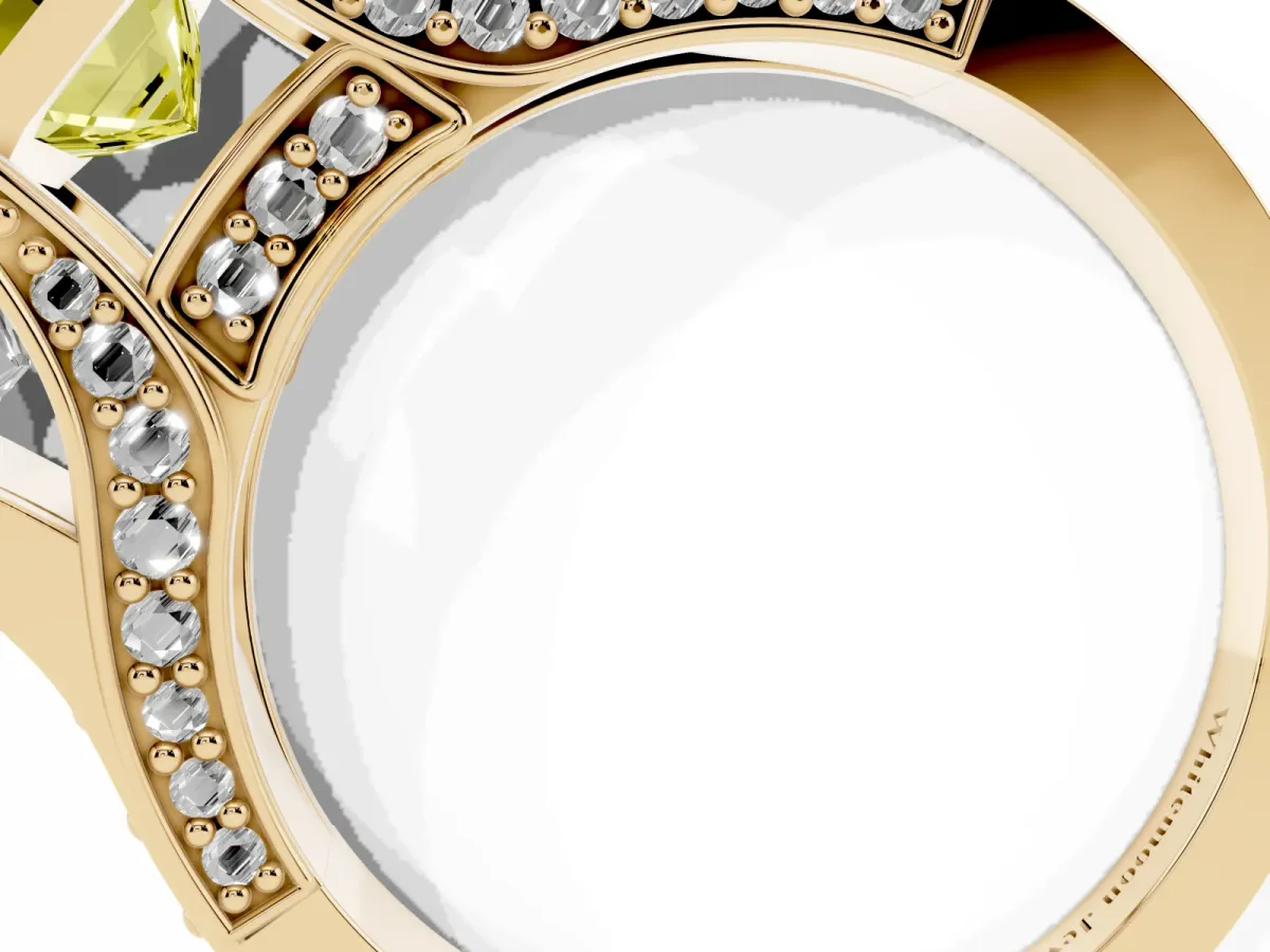 Fancy Yellow Emerald Cut Diamond Three-Stone Ring with Channel Set Band and Four-Prong Setting Yellow gold