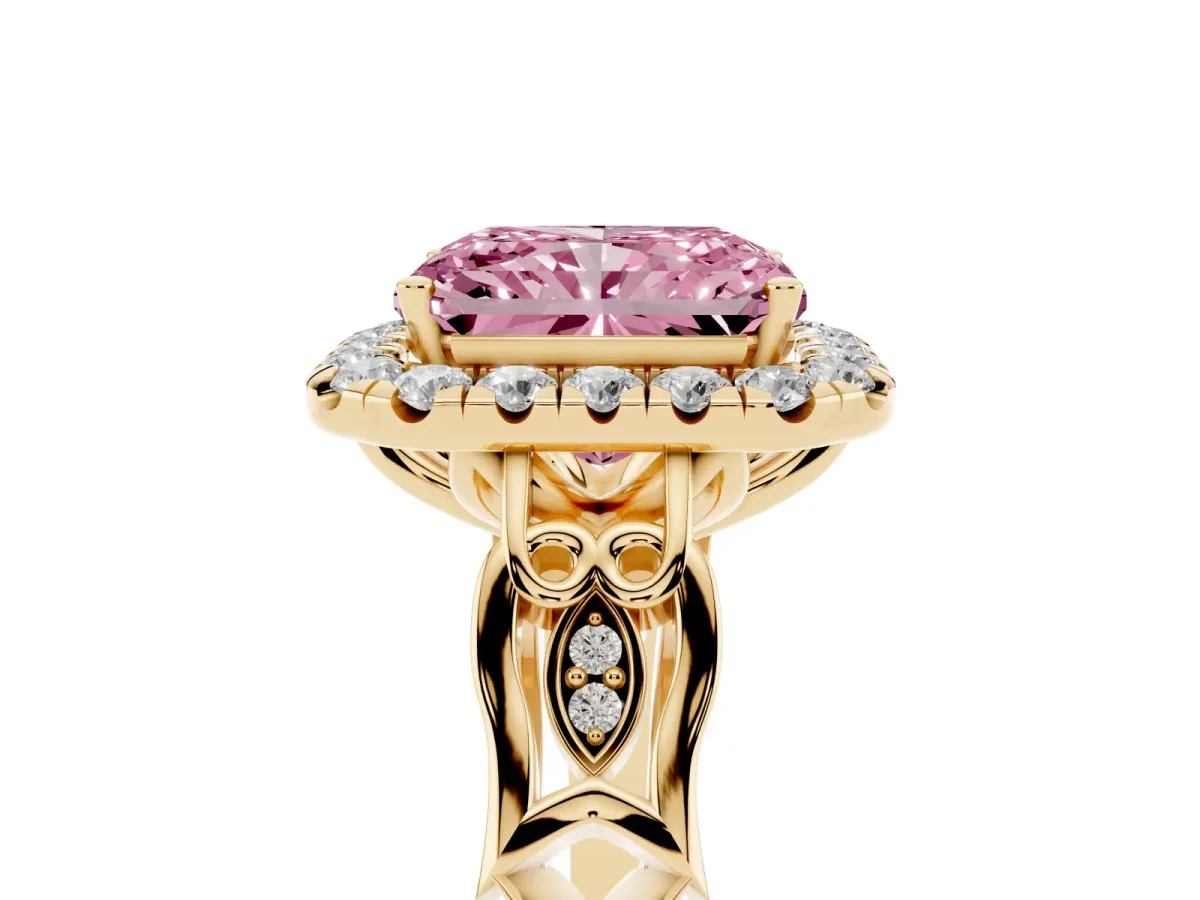 Fancy Pink Radiant Cut Halo Diamond Engagement Ring with Filigree Band and Four-Prong Setting Yellow gold