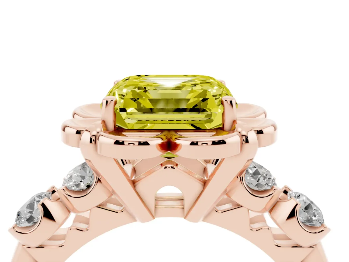 Fancy Yellow Asscher Cut Cut Diamond Floral Halo Engagement Ring with Shared Prong Setting Rose gold