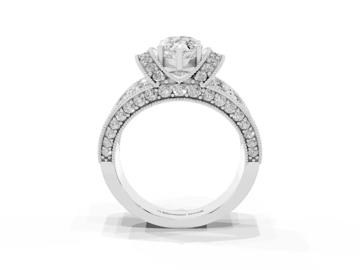 Marquise Cut Halo Pave Diamond Engagement Ring with Milgrain Detailing White gold