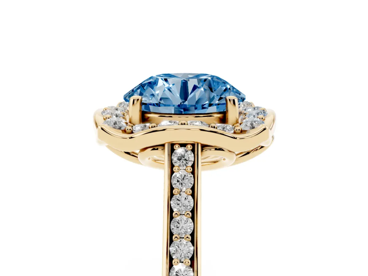 Fancy Blue Round Cut Halo Round Diamond Pave Band with Four-Prong Setting Yellow gold