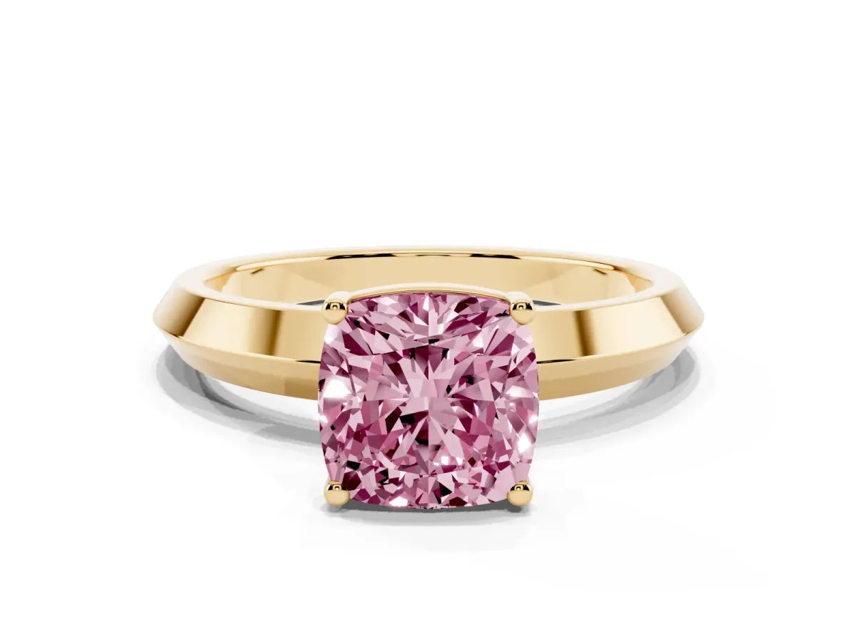Fancy Pink Cushion Cut Cut Solitaire Engagement Ring with Flat Band and Four-Prong Setting Yellow gold