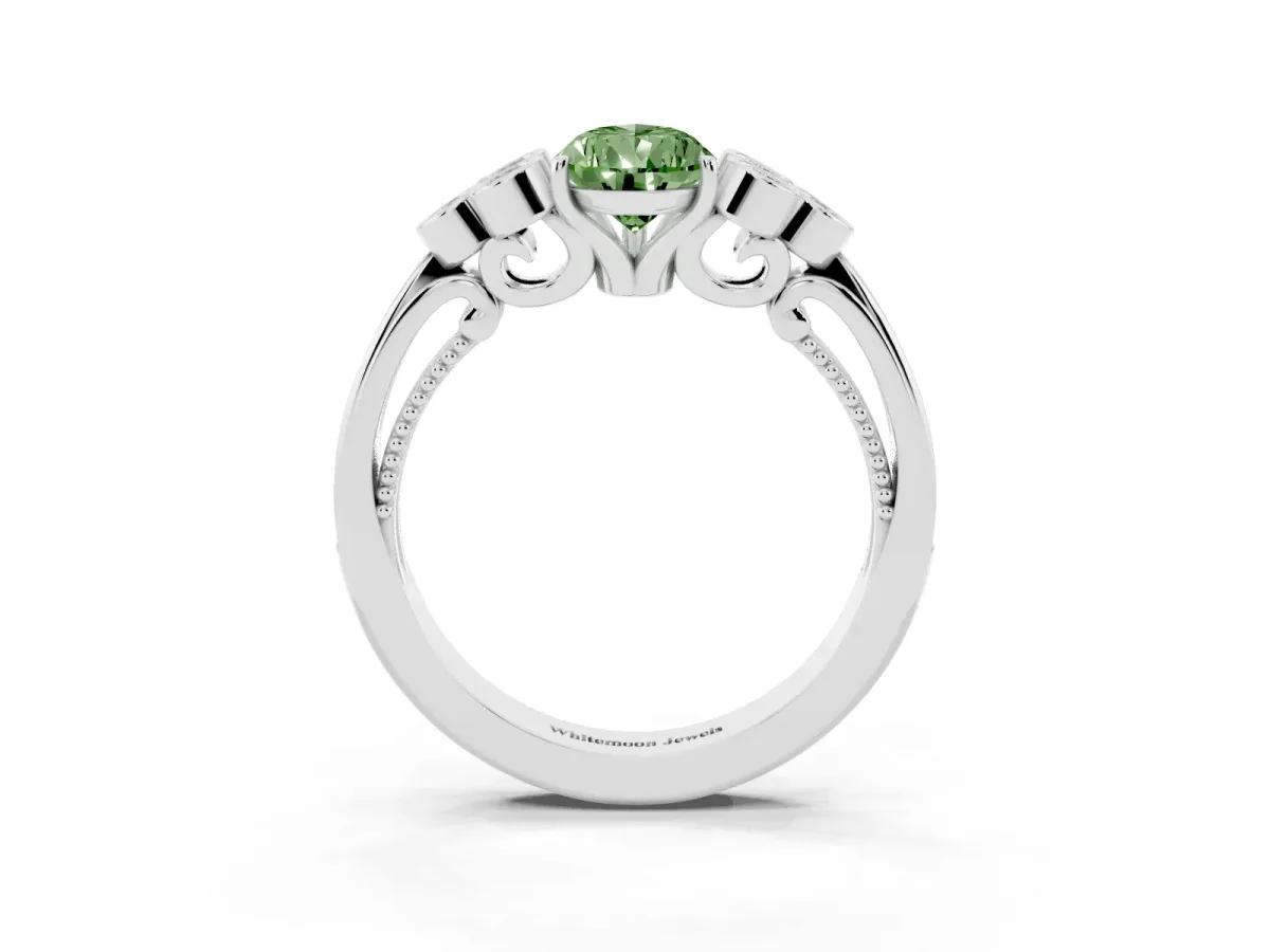 Fancy Green Pear Cut Cut Diamond Engagement Ring with Bezel Set Round Side Stones and Prong Setting Silver