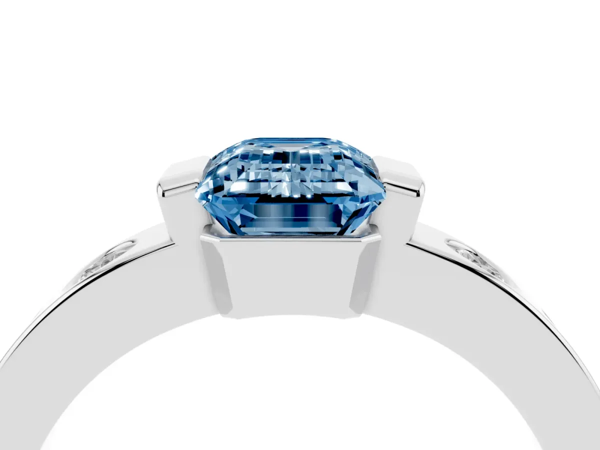 Fancy Blue Emerald Cut Brilliant Channel-Set Diamond Ring with Bezel Prong Setting Silver